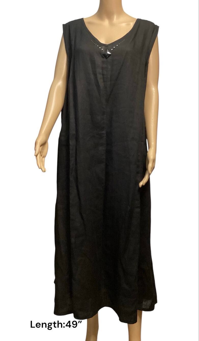 Martina & Co Black Linen Dress V-Neck Embellished Midi Maxi Lagenlook size 4XL
